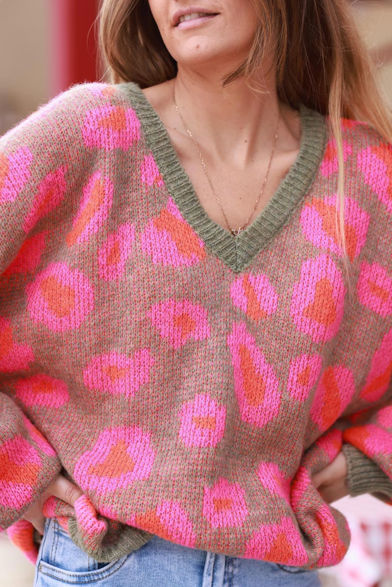 Khaki Knit Pink Leopard Print V-Neck Sweater