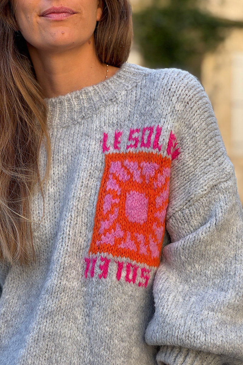 Heather Gray Chunky Knit Sweater with Vibrant Sun Embroidery