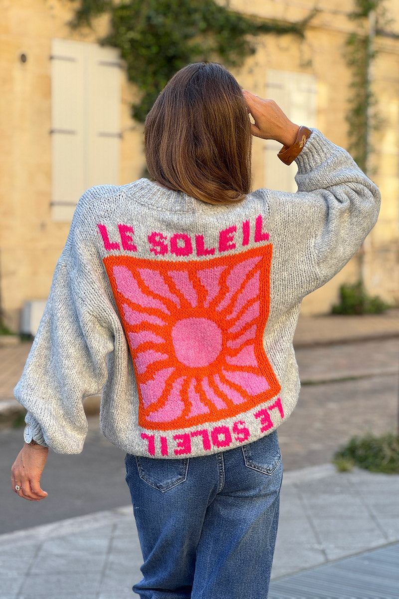 Heather Gray Chunky Knit Sweater with Vibrant Sun Embroidery