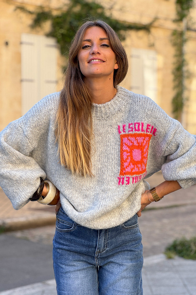 Heather Gray Chunky Knit Sweater with Vibrant Sun Embroidery