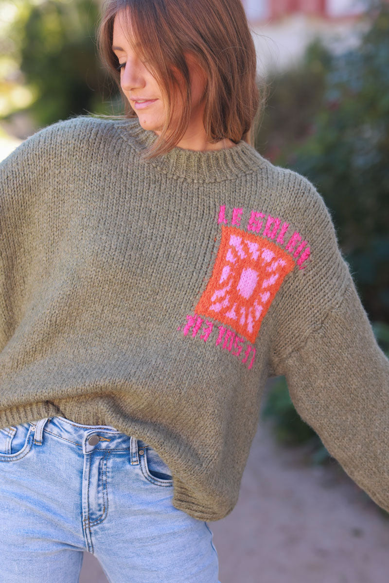 Khaki Chunky Knit Sweater with Vibrant Sun Embroidery