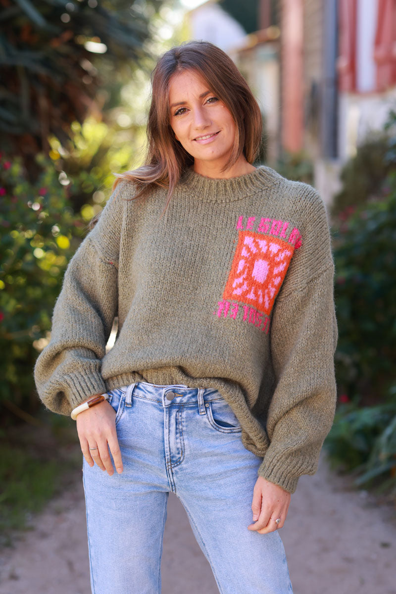 Khaki Chunky Knit Sweater with Vibrant Sun Embroidery