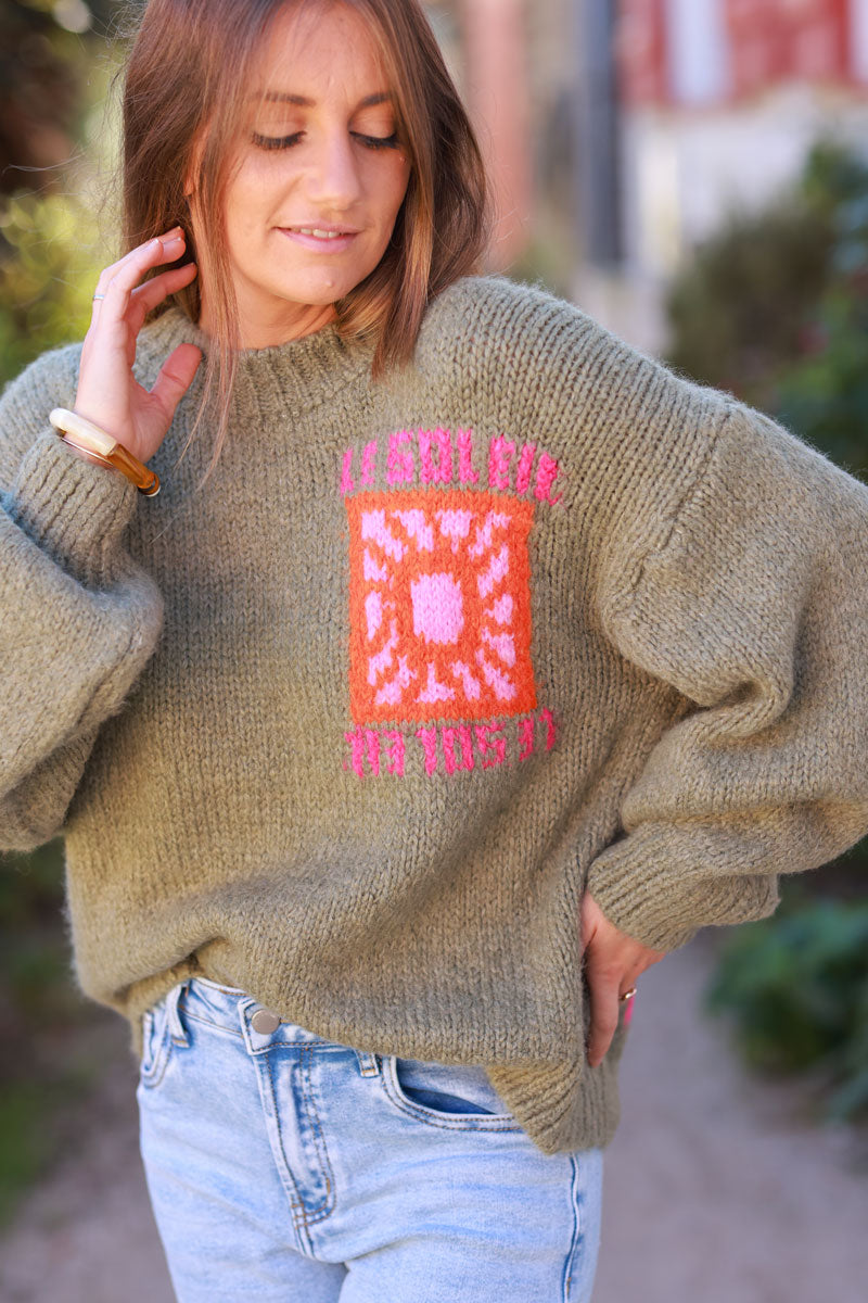 Khaki Chunky Knit Sweater with Vibrant Sun Embroidery