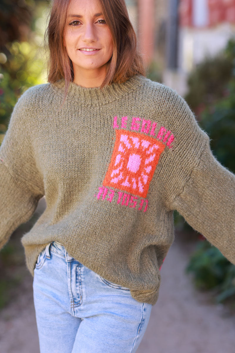 Khaki Chunky Knit Sweater with Vibrant Sun Embroidery