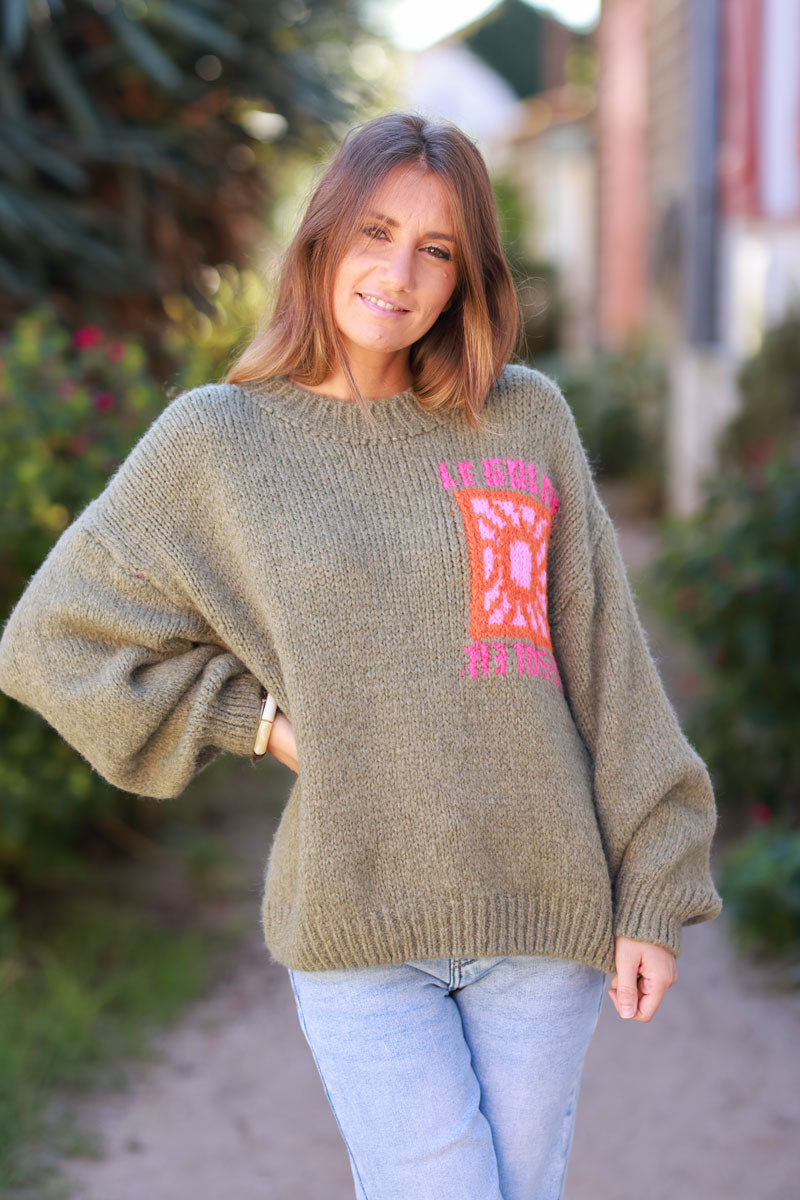 Khaki Chunky Knit Sweater with Vibrant Sun Embroidery