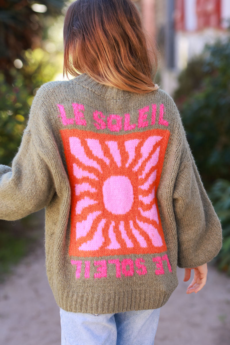 Khaki Chunky Knit Sweater with Vibrant Sun Embroidery