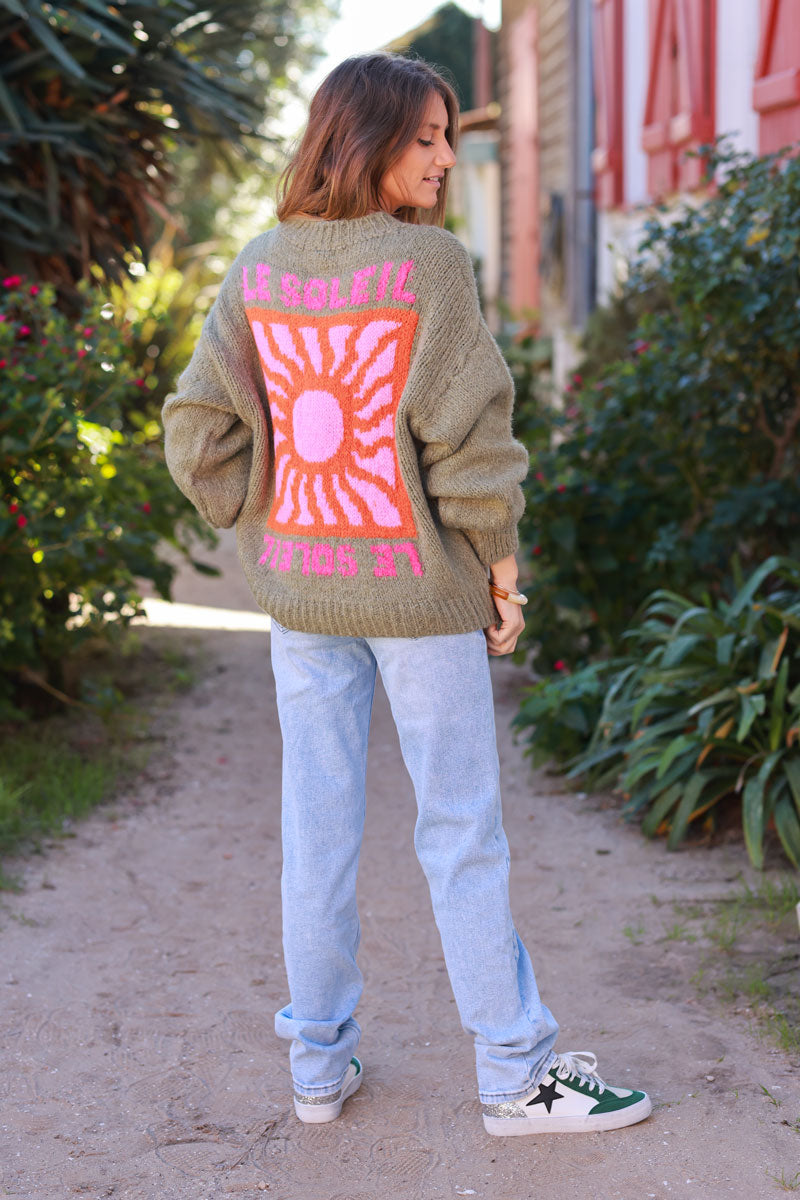 Khaki Chunky Knit Sweater with Vibrant Sun Embroidery