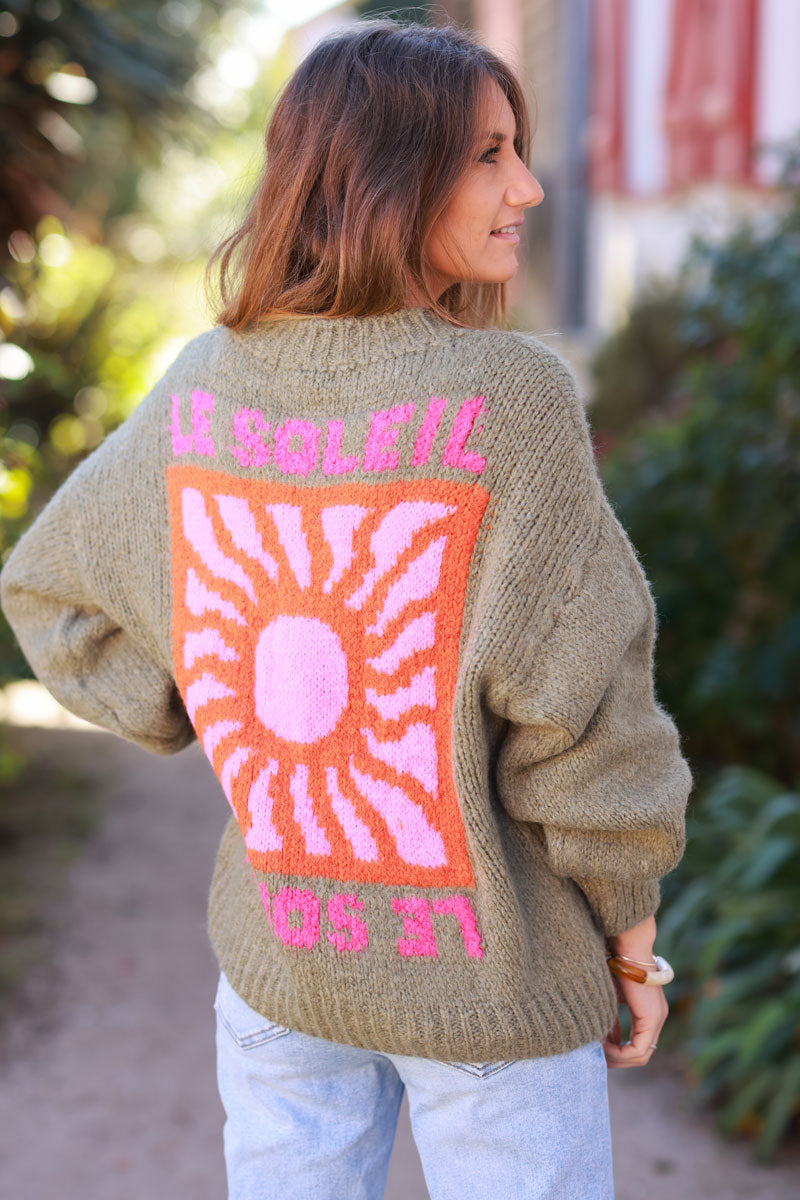 Khaki Chunky Knit Sweater with Vibrant Sun Embroidery