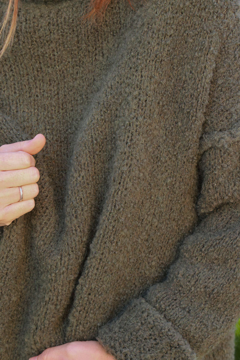 Khaki Shearling Knit Turtleneck Sweater