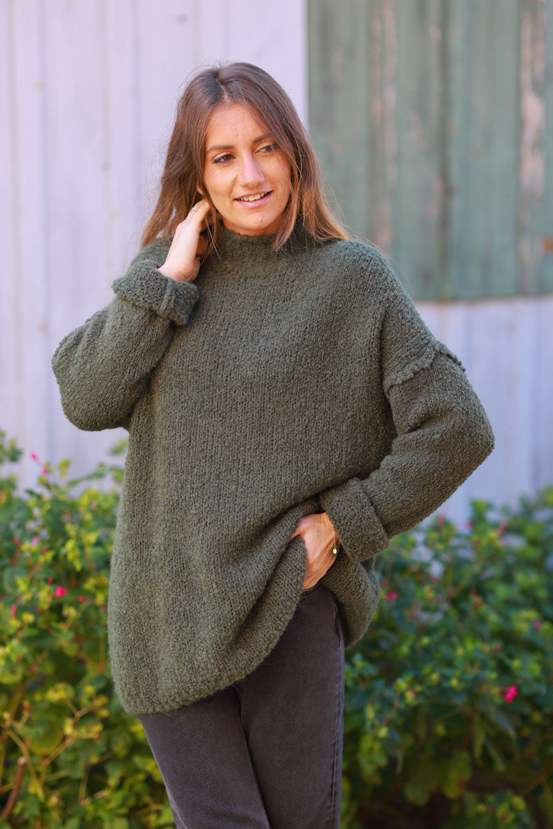 Khaki Shearling Knit Turtleneck Sweater