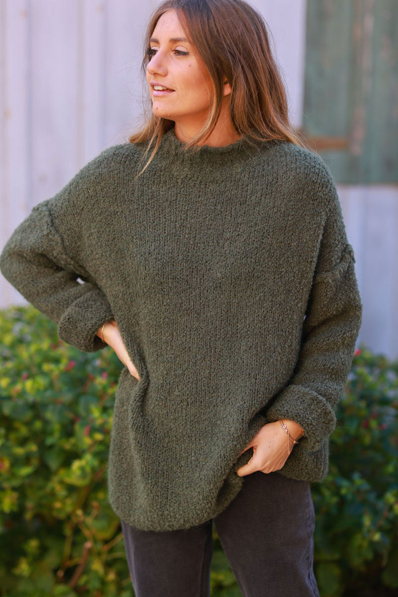 Khaki Shearling Knit Turtleneck Sweater