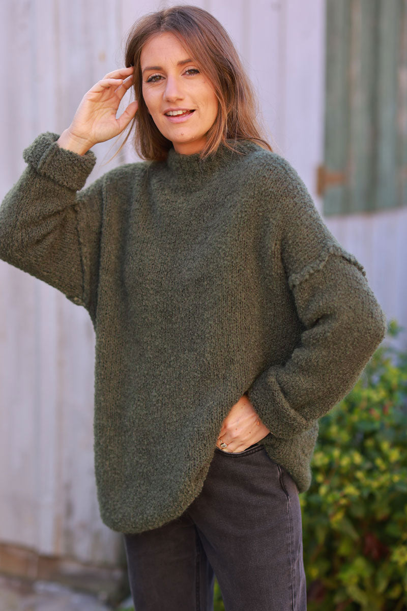 Khaki Shearling Knit Turtleneck Sweater