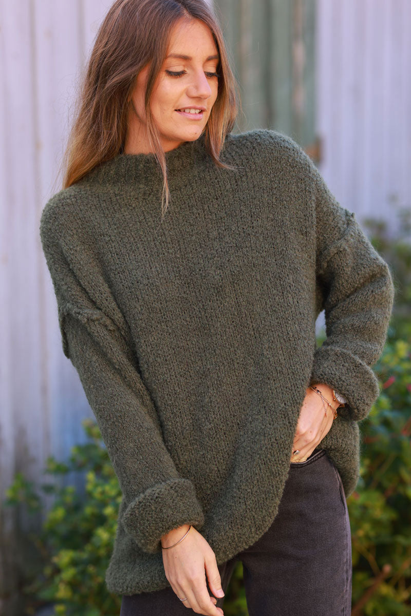 Khaki Shearling Knit Turtleneck Sweater