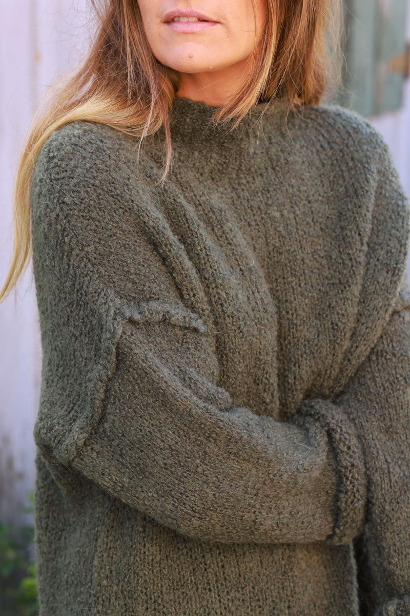 Khaki Shearling Knit Turtleneck Sweater