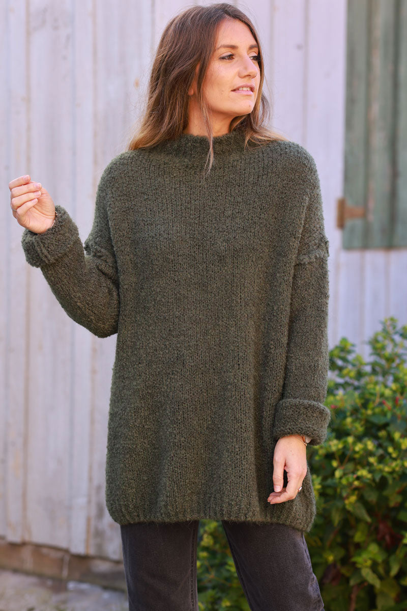 Khaki Shearling Knit Turtleneck Sweater