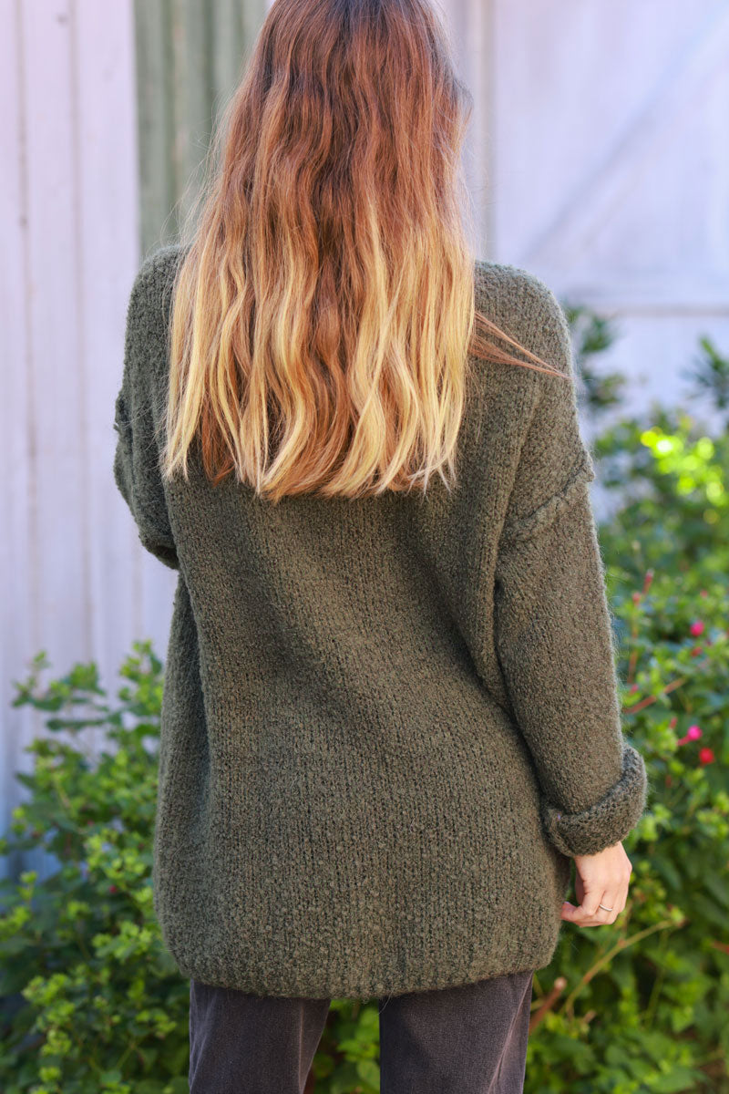 Khaki Shearling Knit Turtleneck Sweater