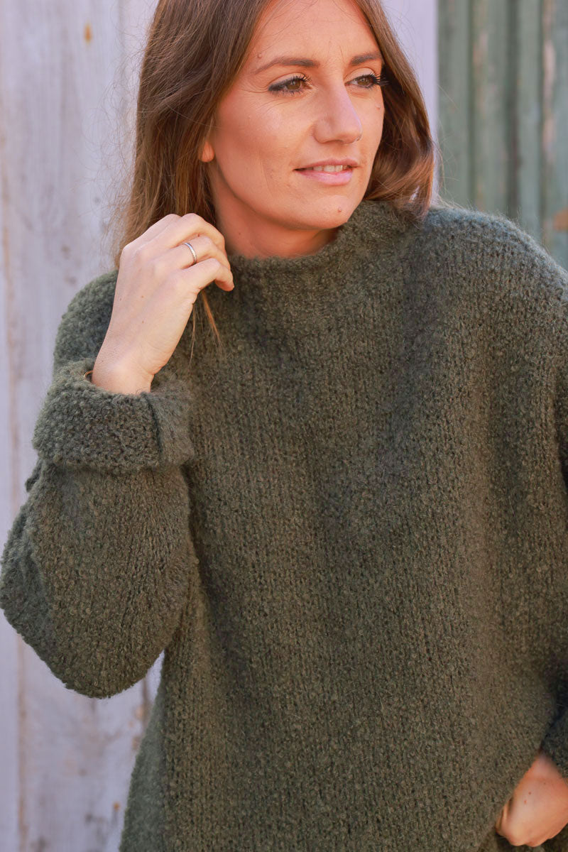 Khaki Shearling Knit Turtleneck Sweater