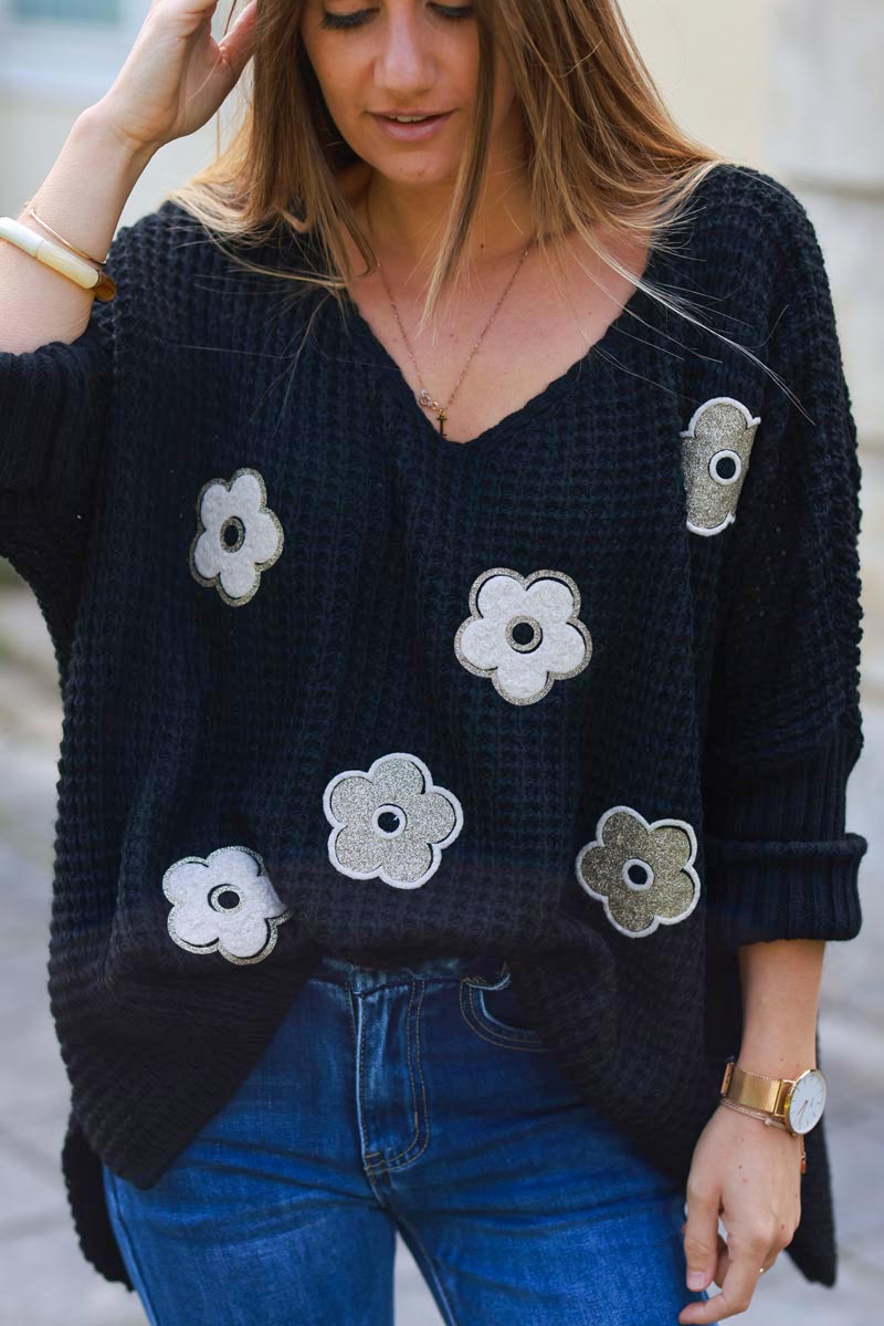 Gemma Black Waffle Knit Floral Sweater