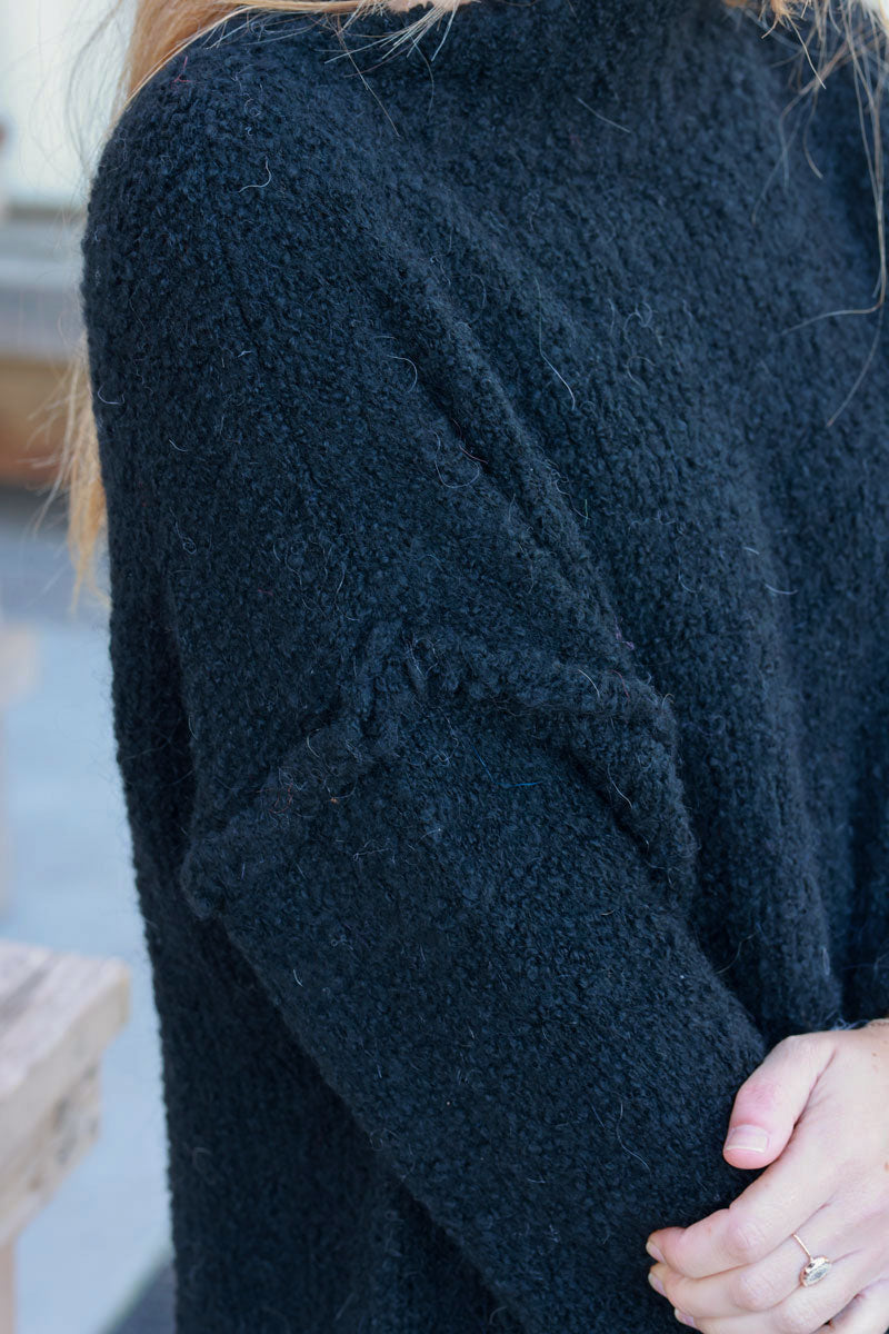 Black Shearling Knit Turtleneck Sweater