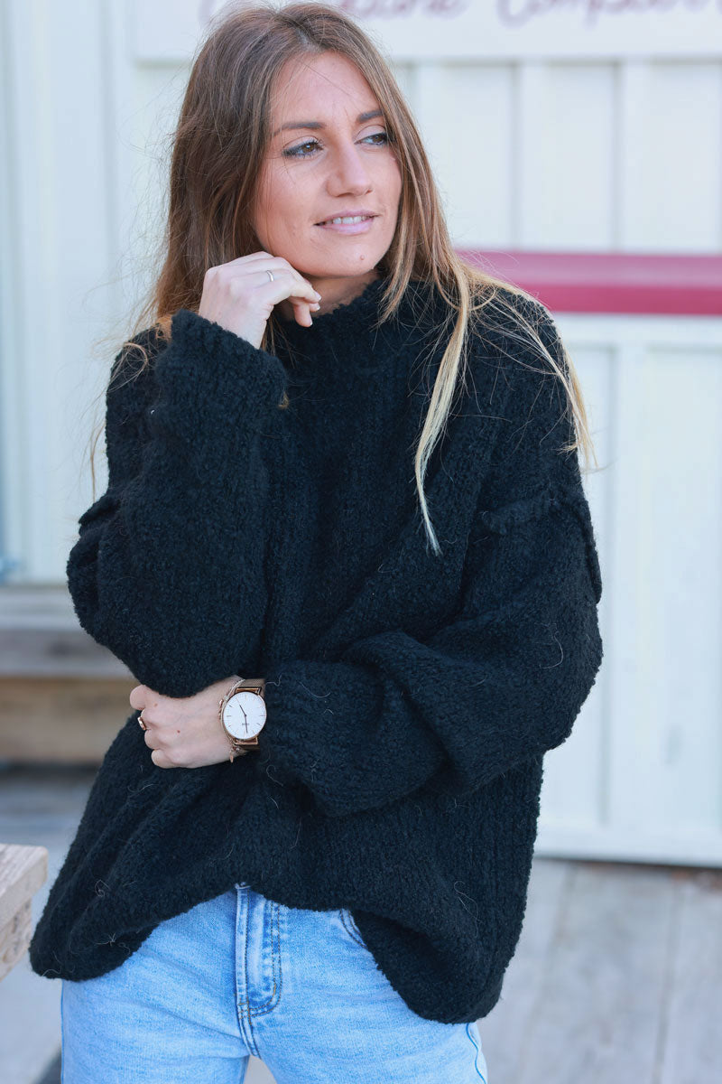 Black Shearling Knit Turtleneck Sweater