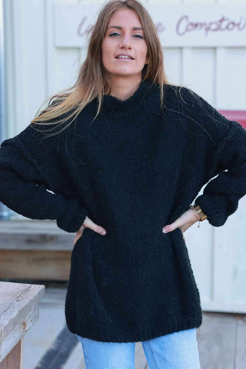 Black Shearling Knit Turtleneck Sweater