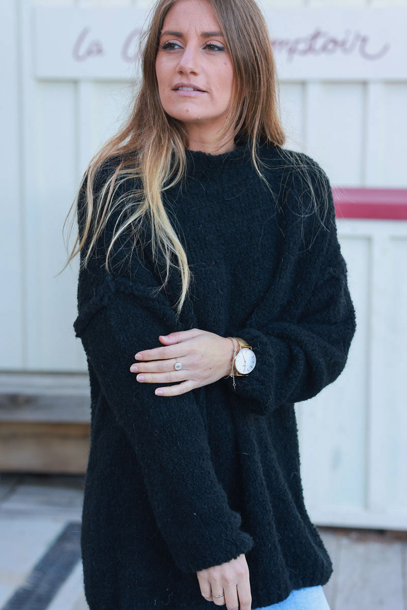 Black Shearling Knit Turtleneck Sweater