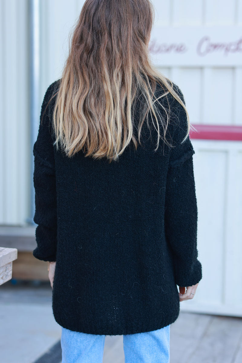 Black Shearling Knit Turtleneck Sweater