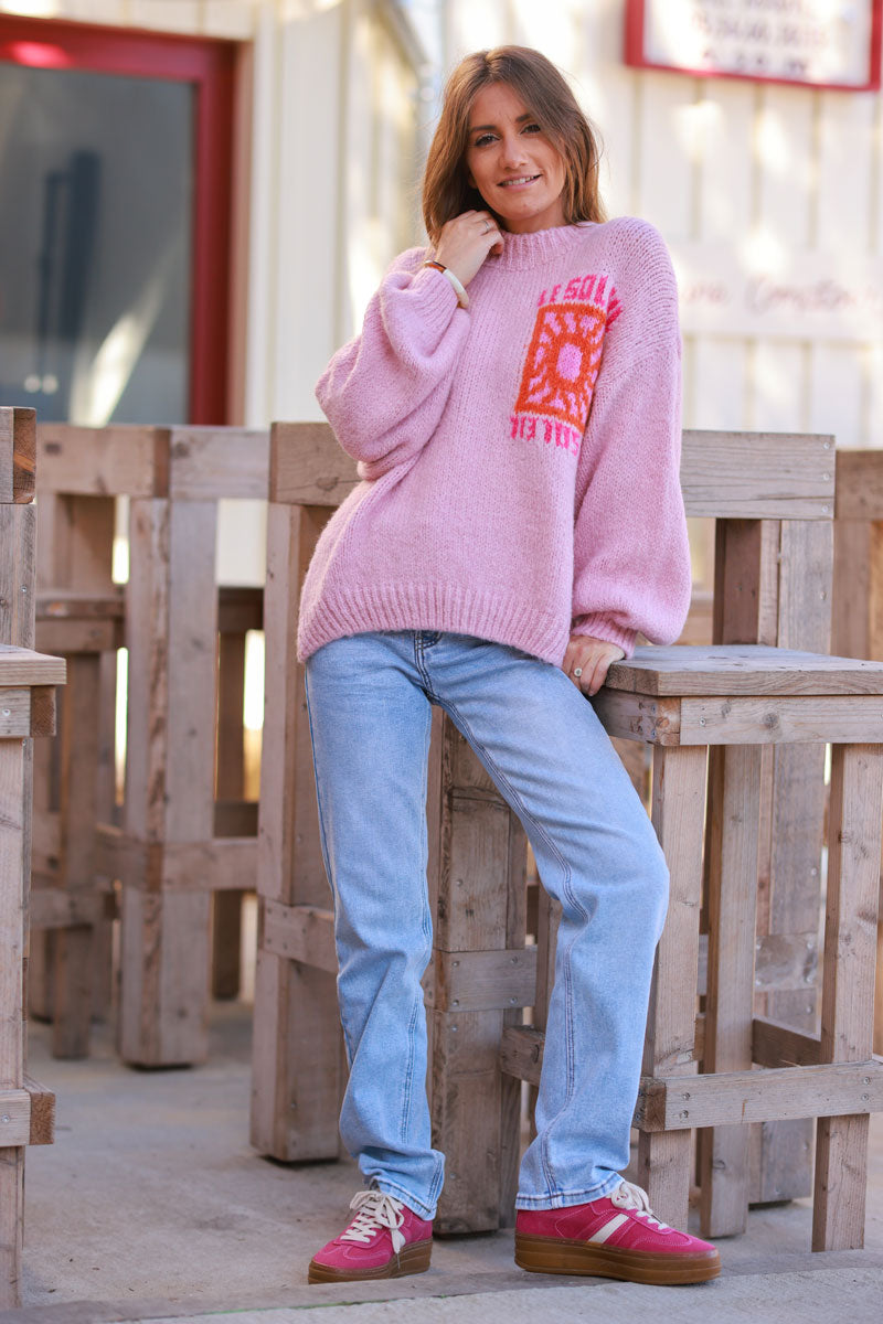 Jersey holgado de punto rosa pálido con bordados coloridos de Le Soleil