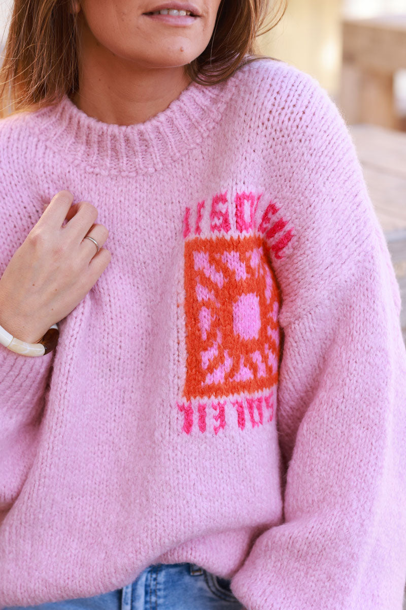 Jersey holgado de punto rosa pálido con bordados coloridos de Le Soleil