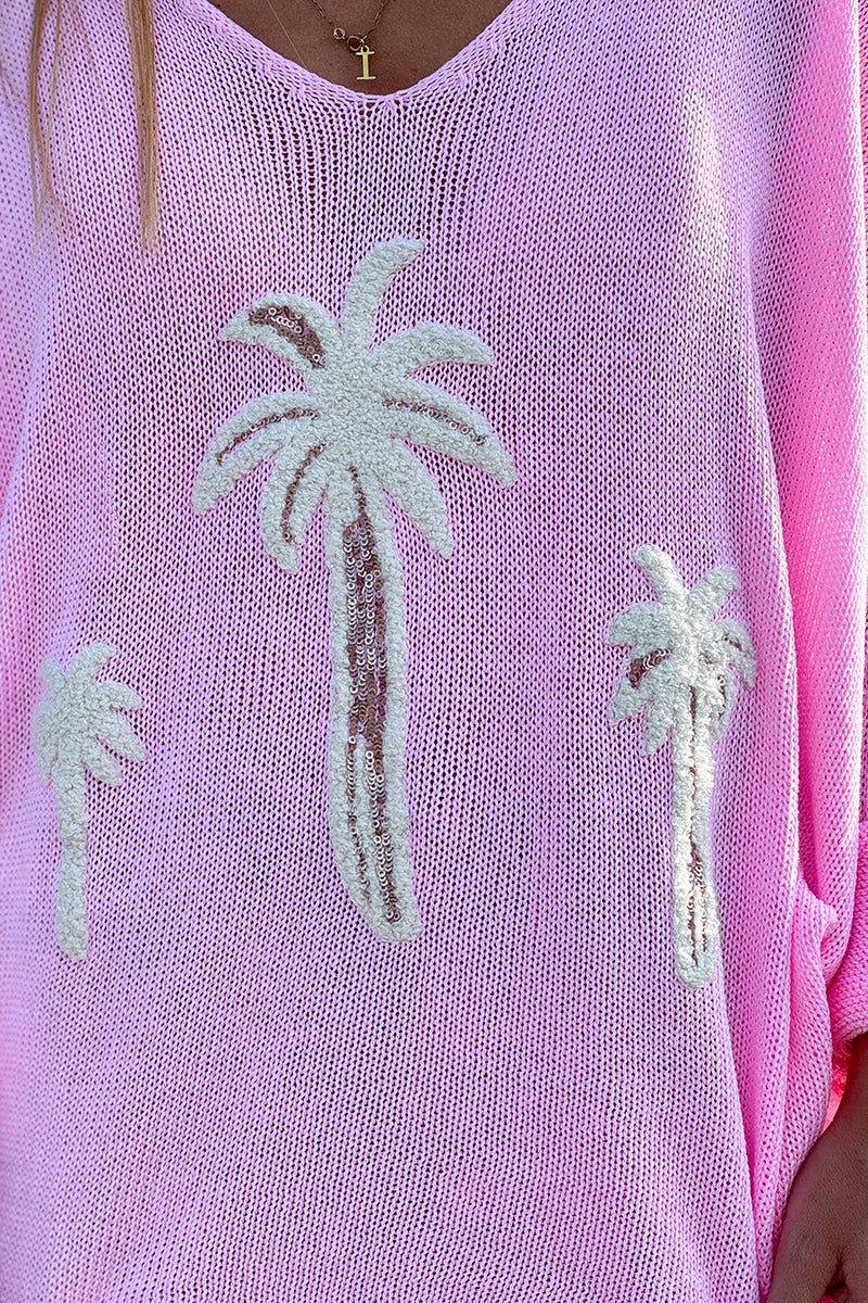 Pull loose rose en maille coton mélangé broderie palmiers éponge et sequins