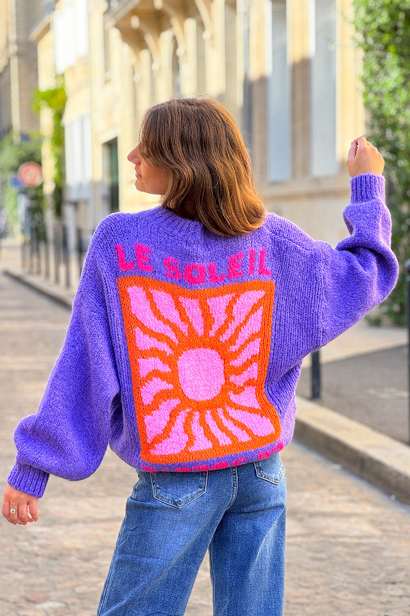 Purple Chunky Knit Jumper with Vibrant Sun Embroidery