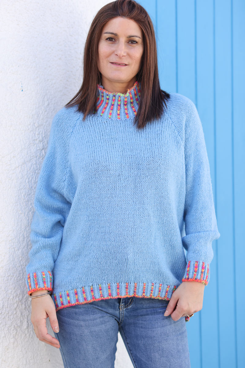 Soft knit sweater in blue with funnel neck multicoloured stitching