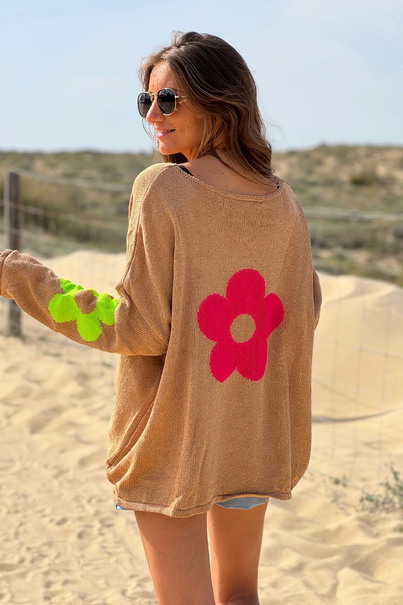 Camel Cotton Knit Sweater with Colourful Flowers and Boat Neck