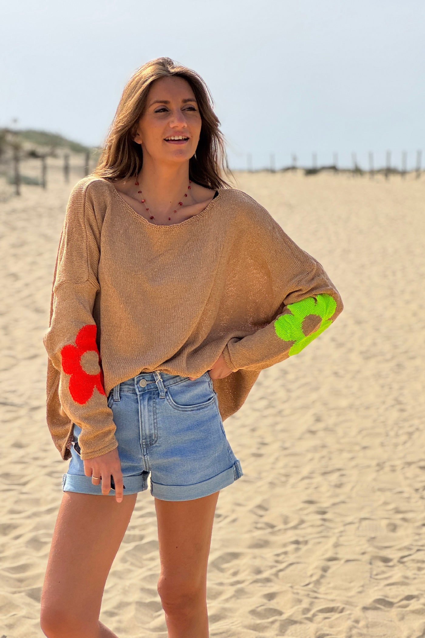 Camel Cotton Knit Sweater with Colourful Flowers and Boat Neck