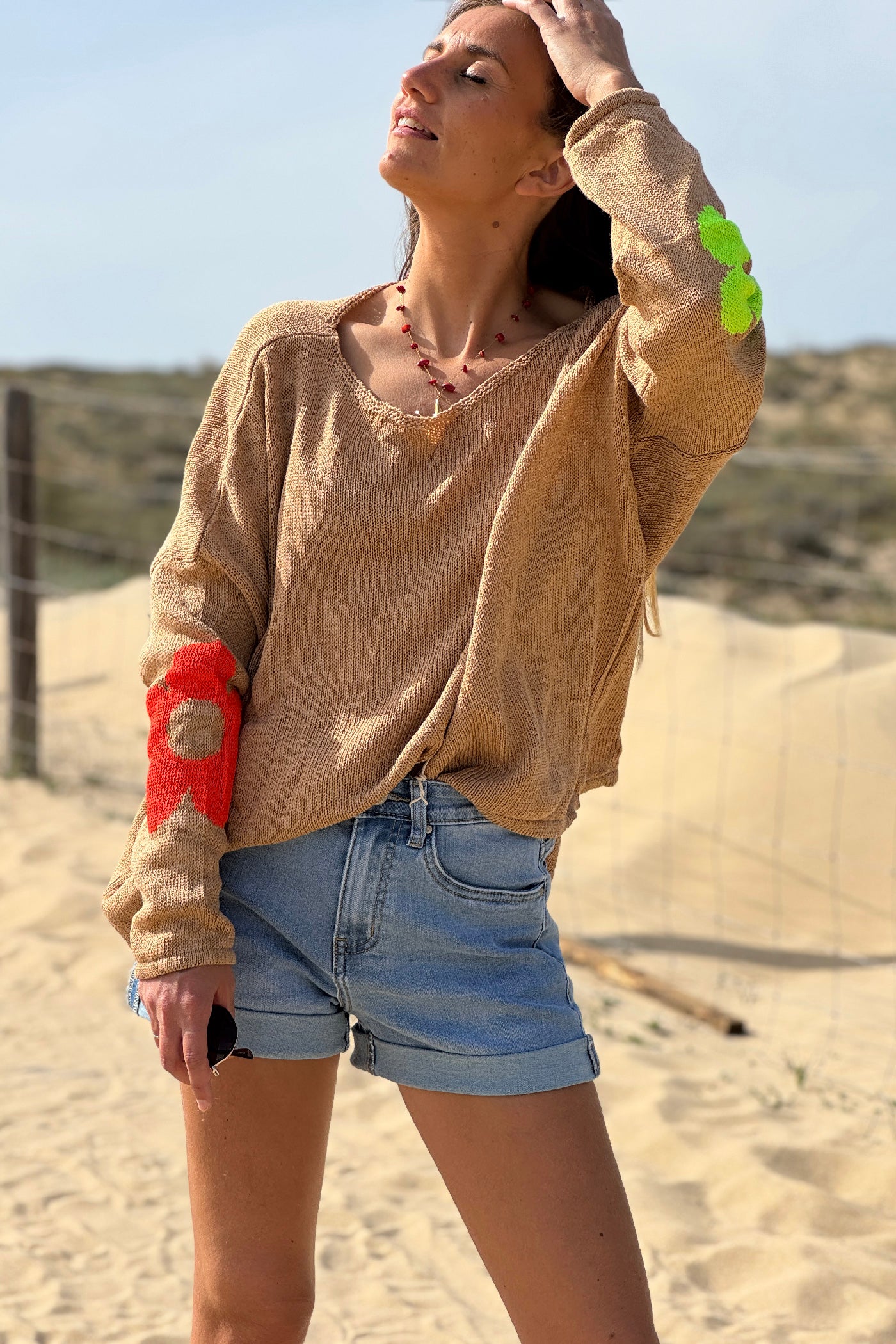 Camel Cotton Knit Sweater with Colourful Flowers and Boat Neck