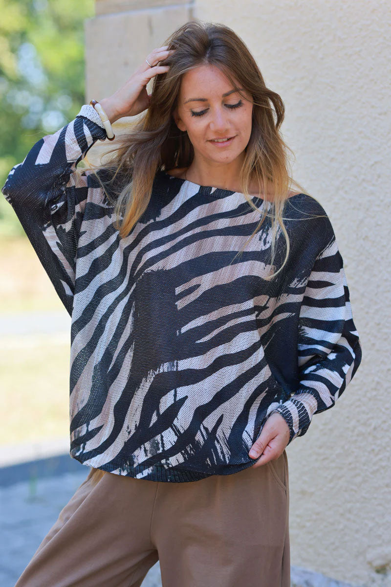 Zebra print cotton knit sweater