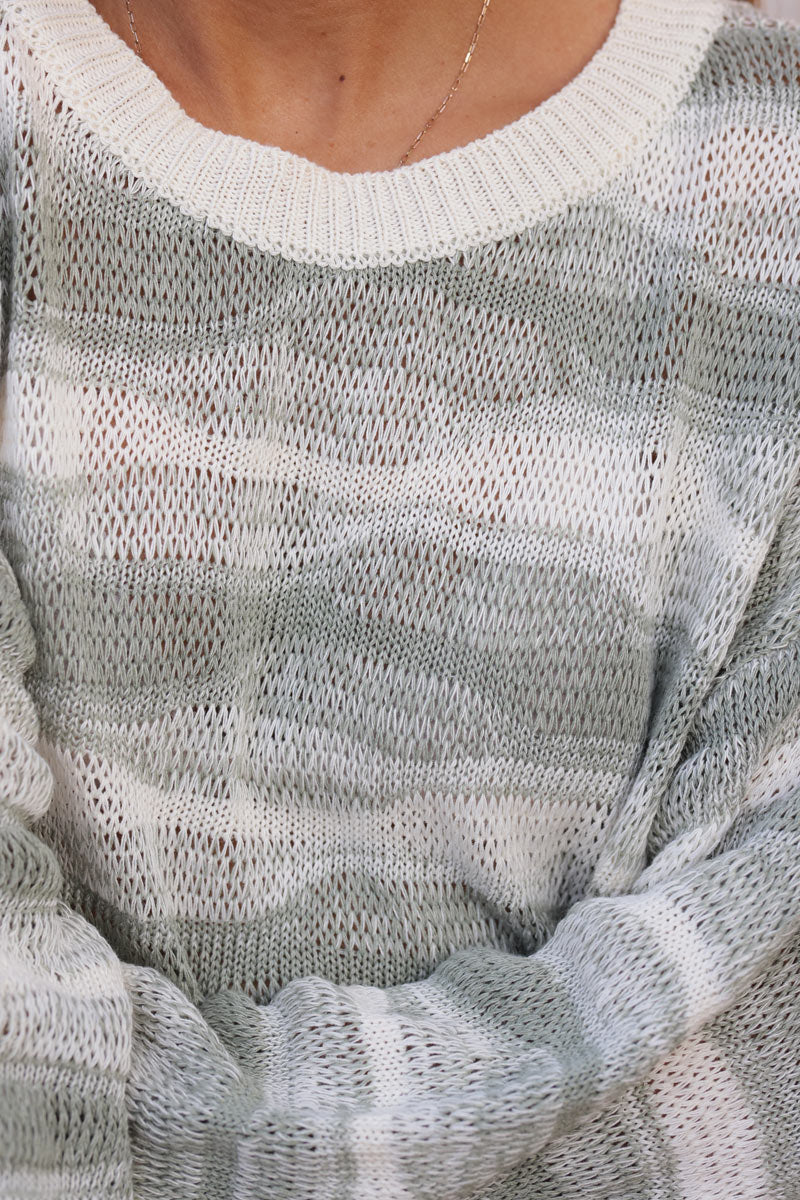 Crochet knit sweater with khaki striped chevron print