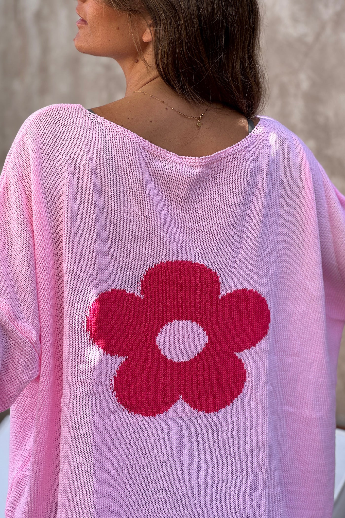 Pull maille rose coton col bateau fleurs colorées