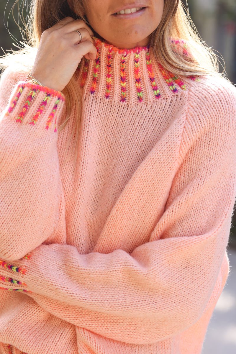 Soft knit sweater in salmon with funnel neck multicoloured ...
