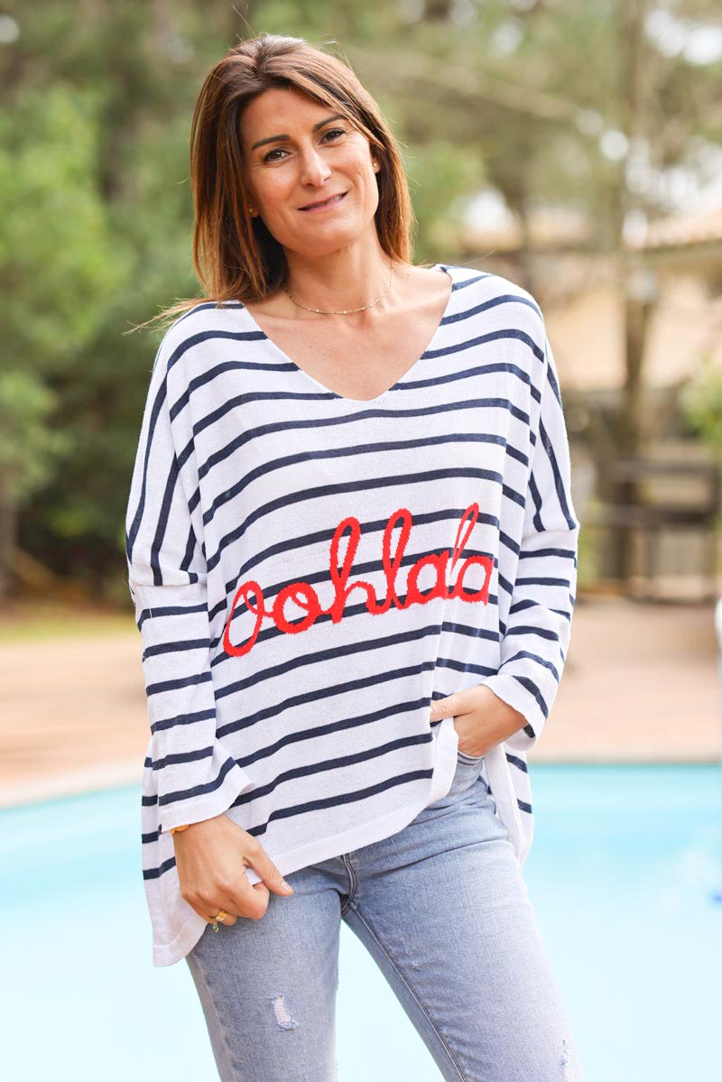 Oversized white and navy blue striped 'Oohlala' jumper
