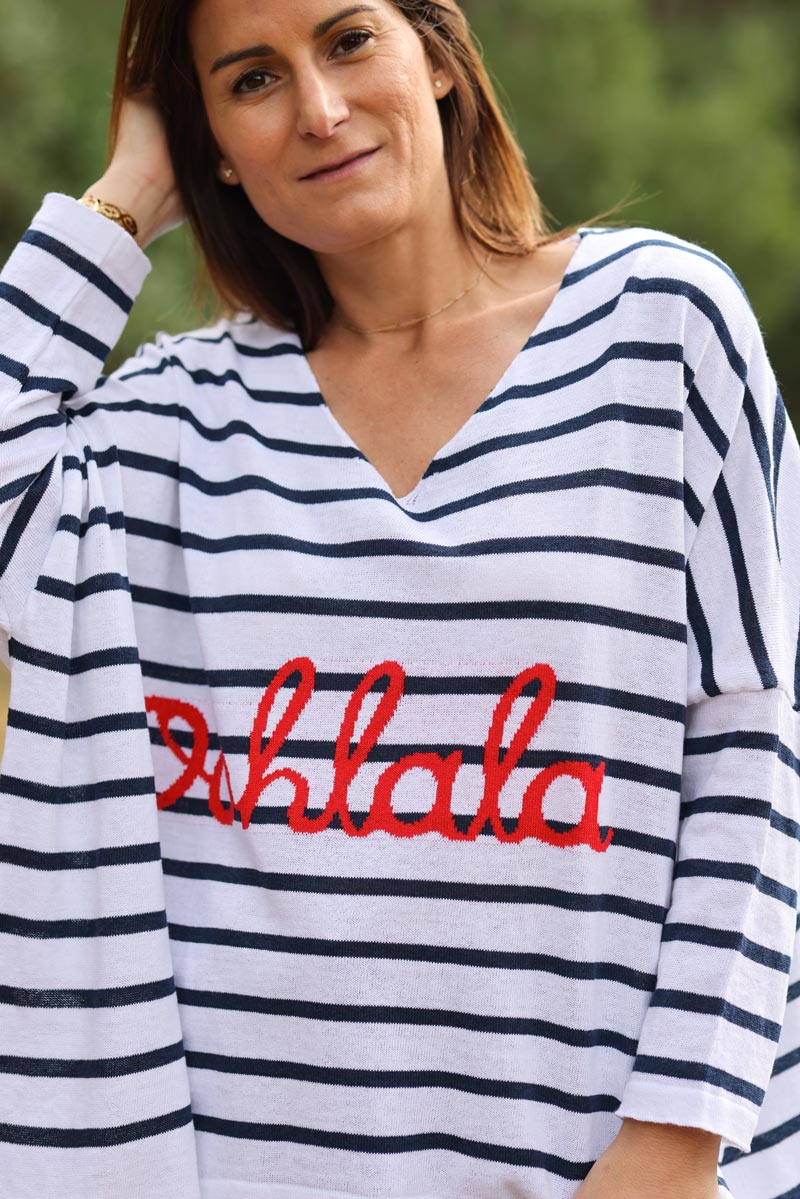 Oversized white and navy blue striped 'Oohlala' jumper