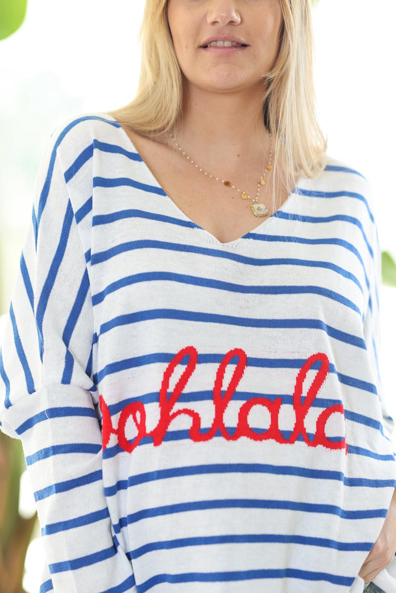 Oversized white and royal blue striped 'Oohlala' jumper