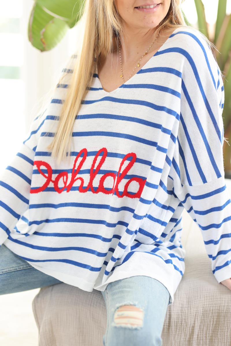 Oversized white and royal blue striped 'Oohlala' jumper