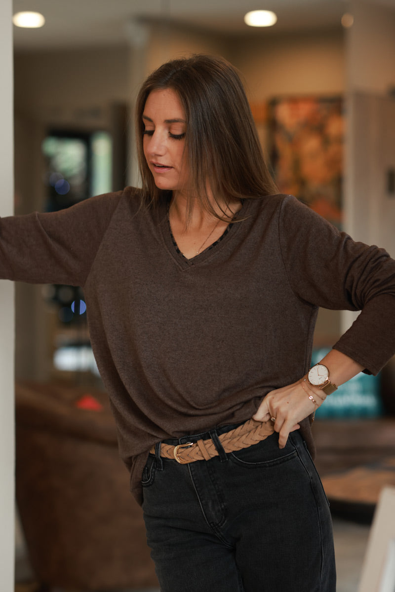 Brown Long-Sleeve V-Neck Tee with Leopard Trim