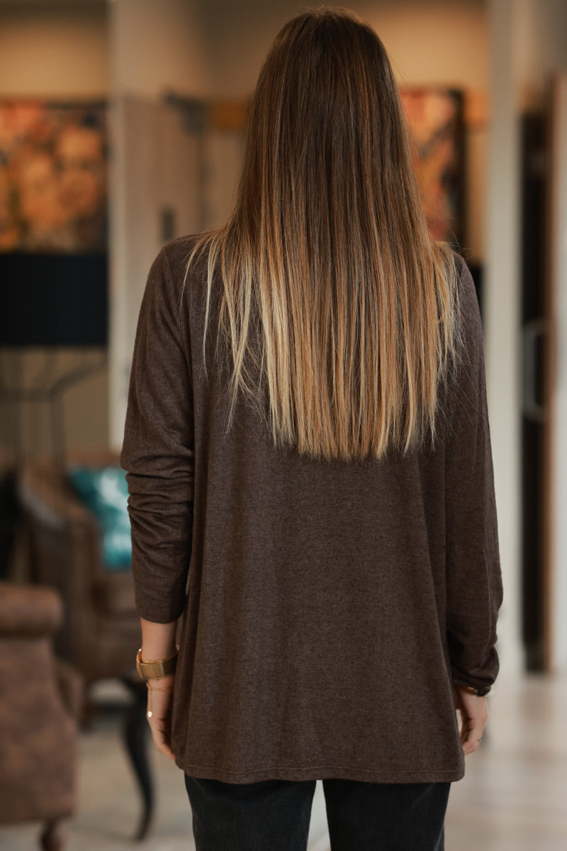 Brown Long-Sleeve V-Neck Tee with Leopard Trim