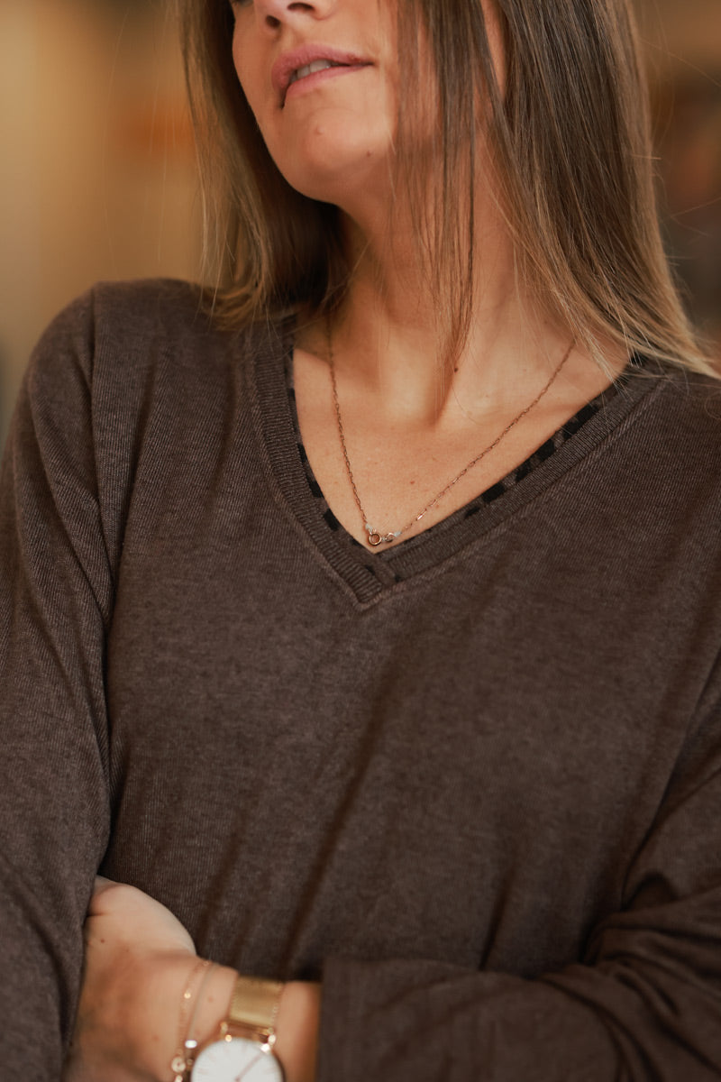 Brown Long-Sleeve V-Neck Tee with Leopard Trim