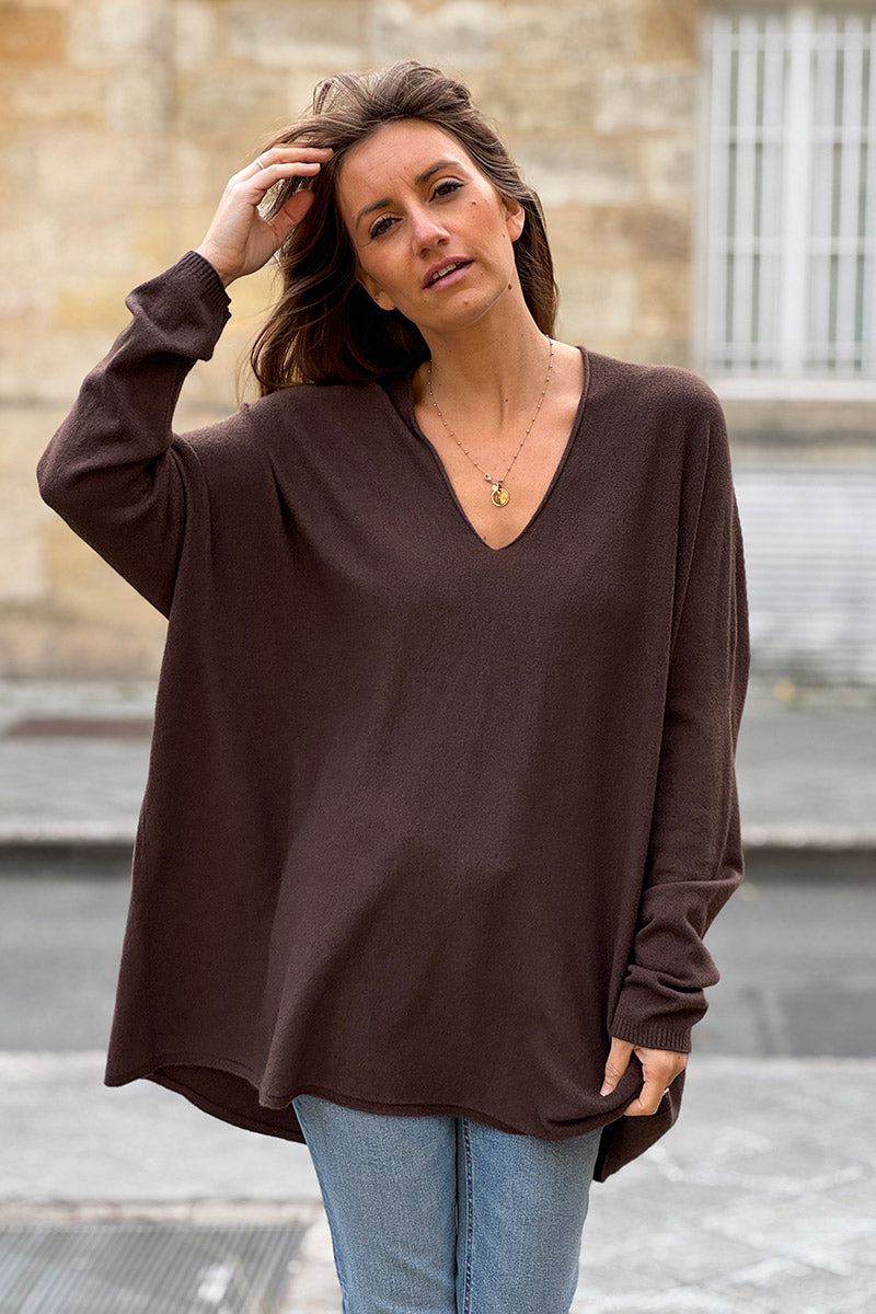 Pull marron chocolat large oversize tout doux col v