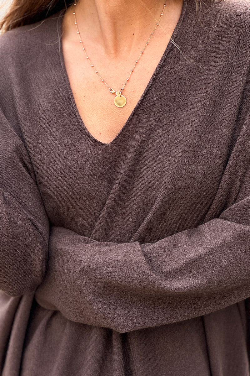 Pull marron chocolat large oversize tout doux col v