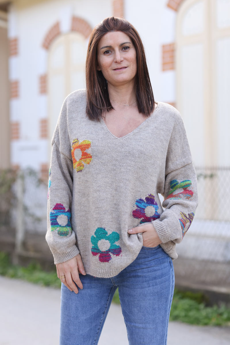 Ice brown knit sweater with large multicolour flower print