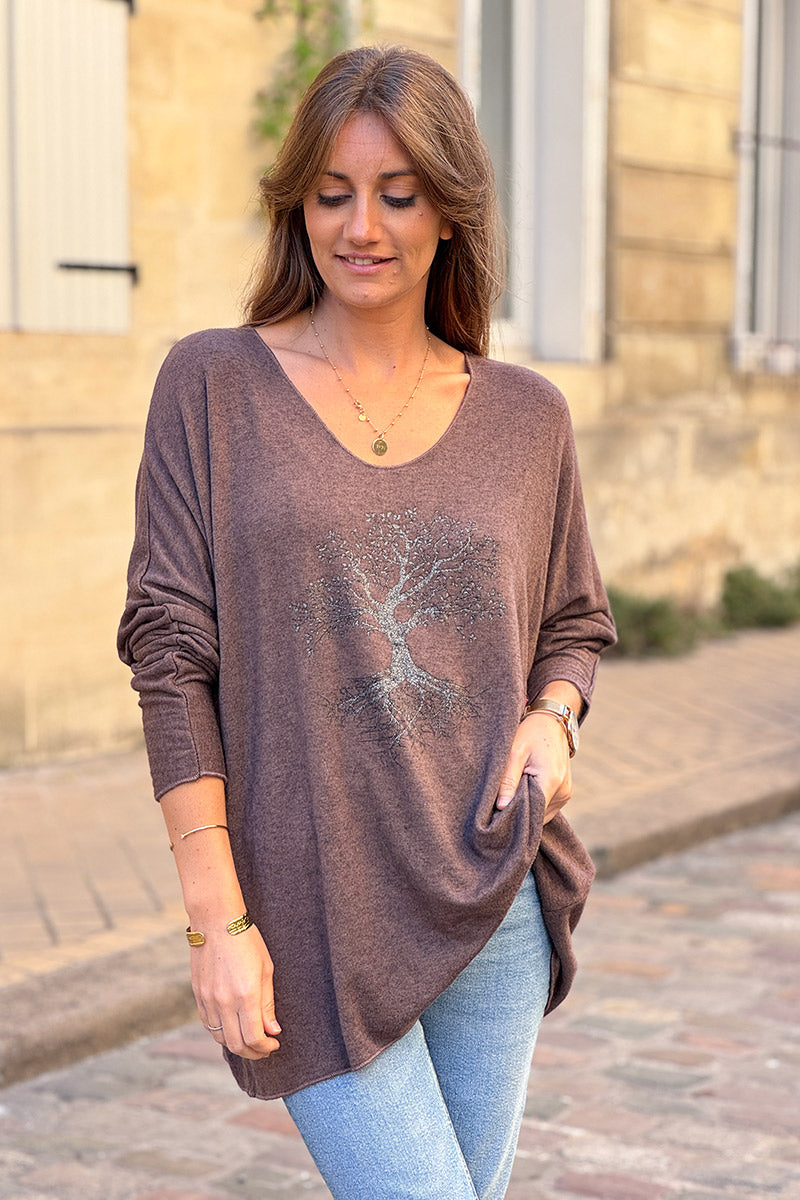 Chocolate Brown Light Weight Sweater with Tree of Life Print